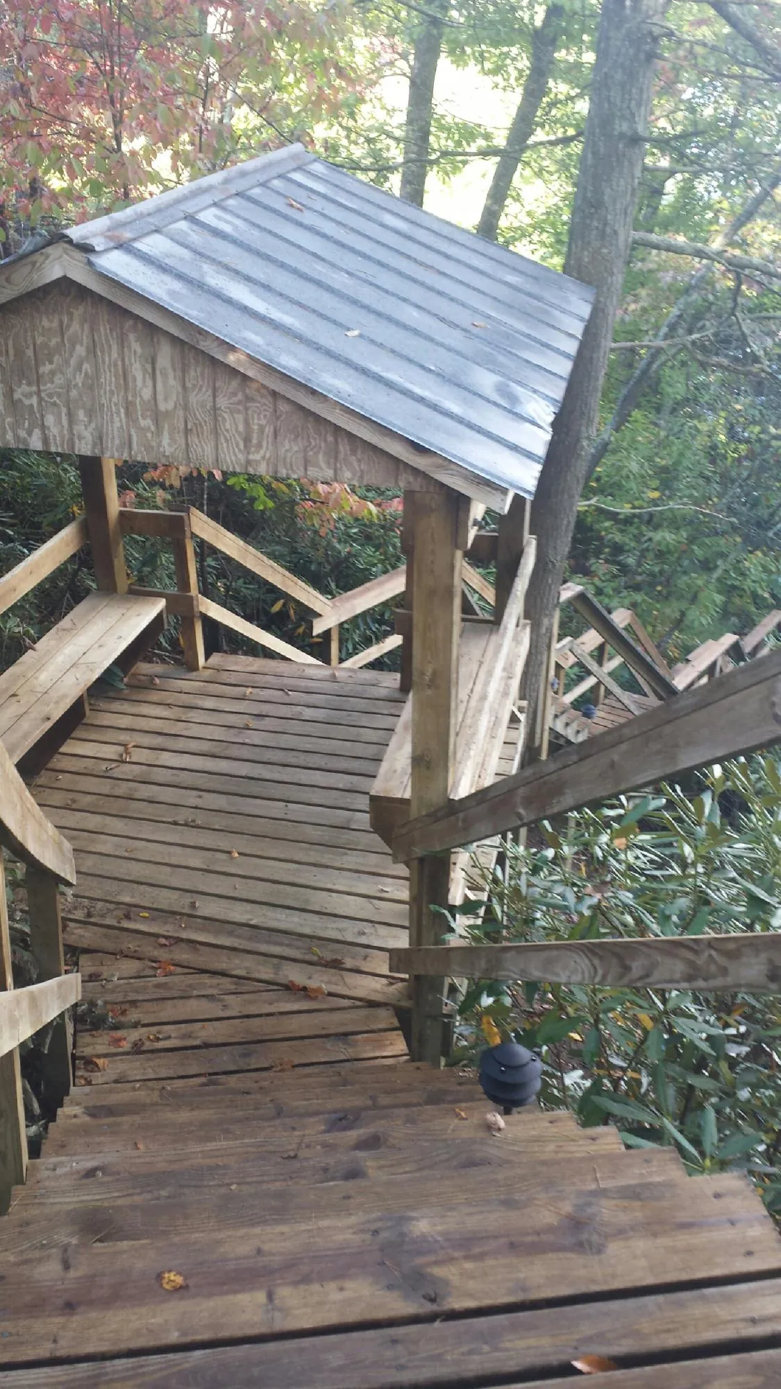 Metal roofed shelter over wooden steps on a wooded walkway — Skylight Repair & Installation work by our crew in Alamance